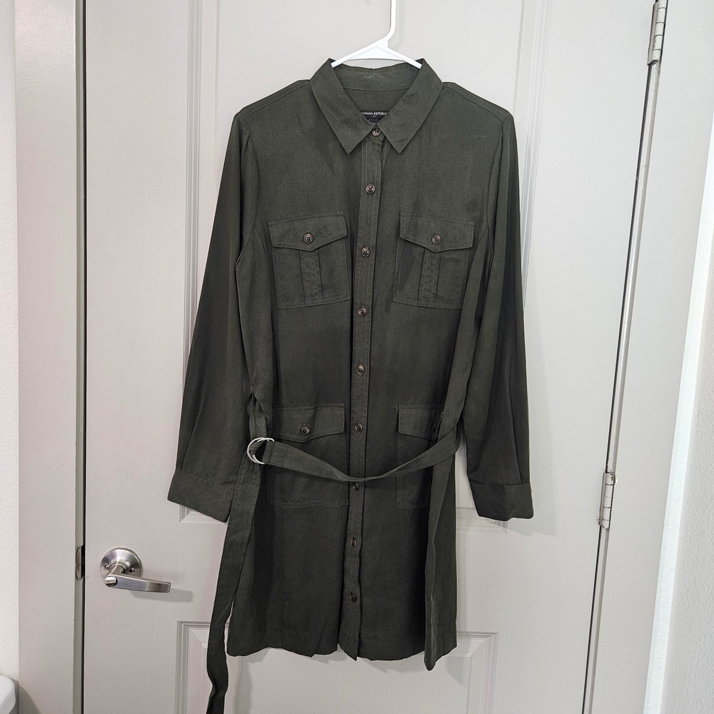 Banana Republic Womens Olive Green Lyocell Utility Belted Shirt Dress Size 10
